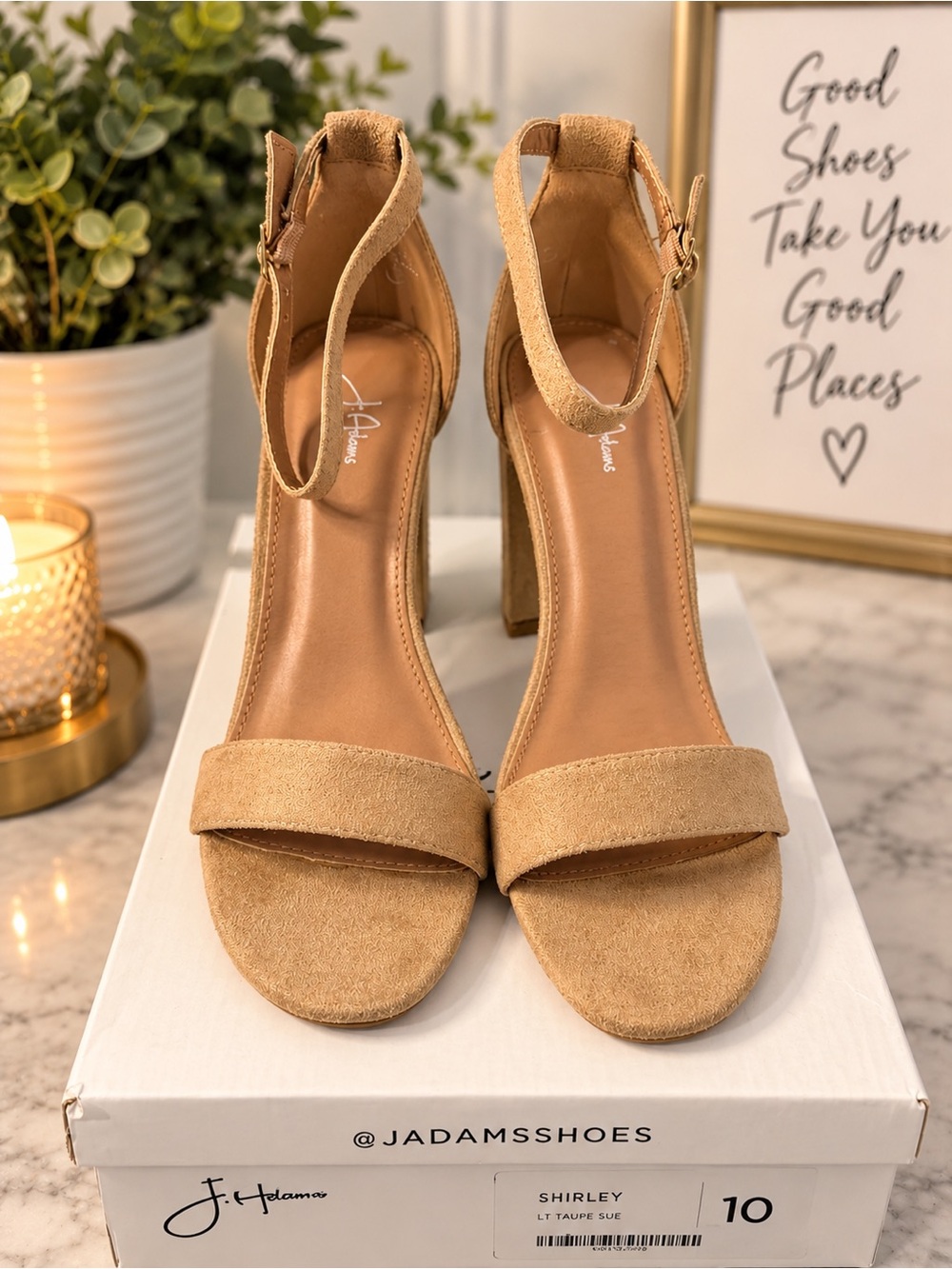 J.Adams Shirley Ankle-Strap Heels in Light Taupe Suede